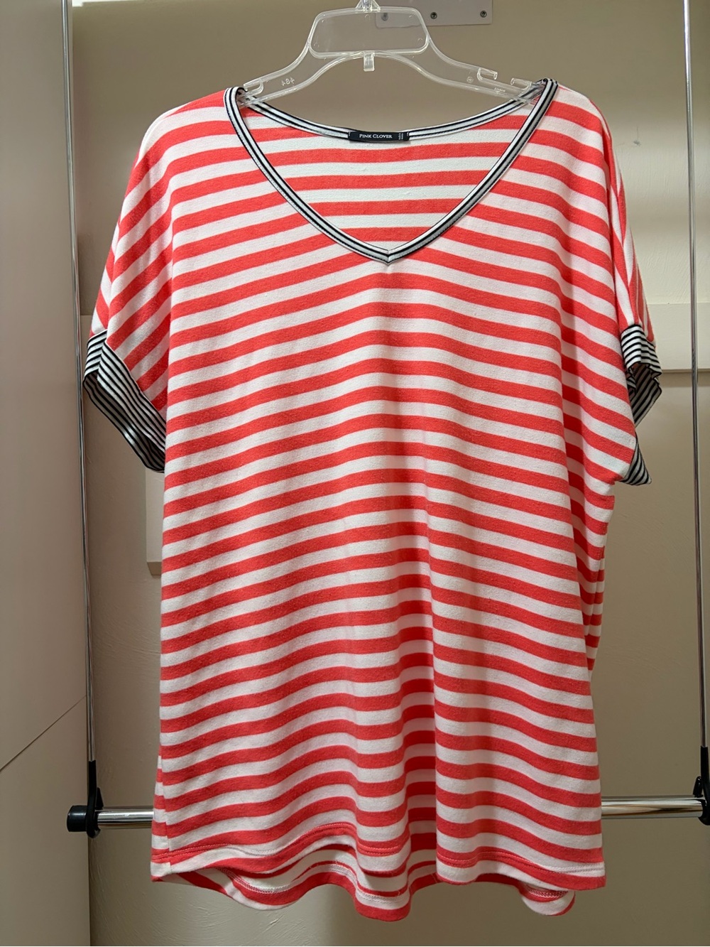 Pink Clover Coral and White Striped Short Sleeve Tee